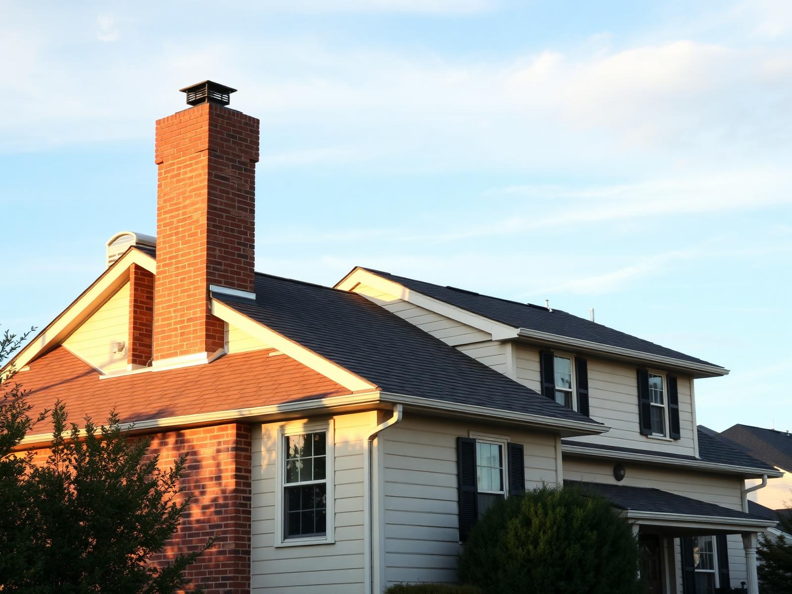 Residential home exterior with a brick chimney rising above the roofline in warm afternoon light.
